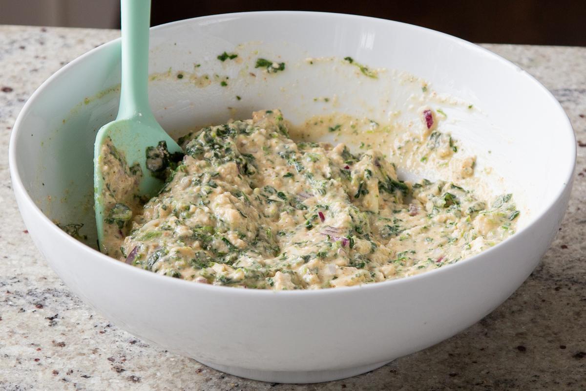 spinach waffle batter, after mixing