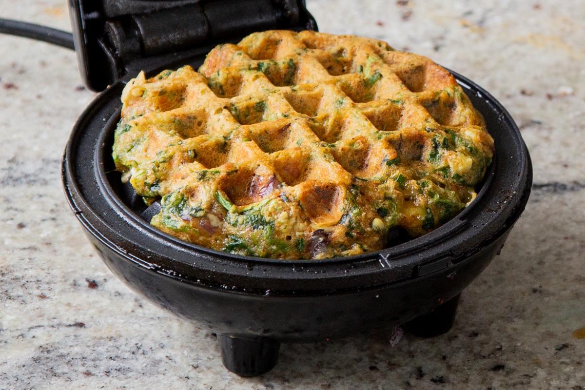 finished spinach waffle in then waffle maker