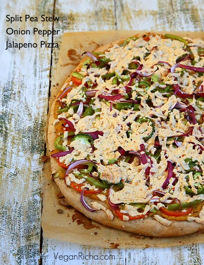 Split Pea Stew, Tomato, Onion, Pepper, Jalapeno Pizza – Sambhar Hummus Pizza. Vegan Recipe