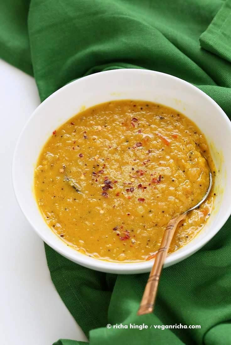 Sri Lankan Red Lentil Curry. Creamy Dal curry Spiced with fenugreek seeds, cinnamon, black peppercorns | https://VeganRicha.com #vegan #easy #glutenfree #soyfree #lentils #dal #recipe