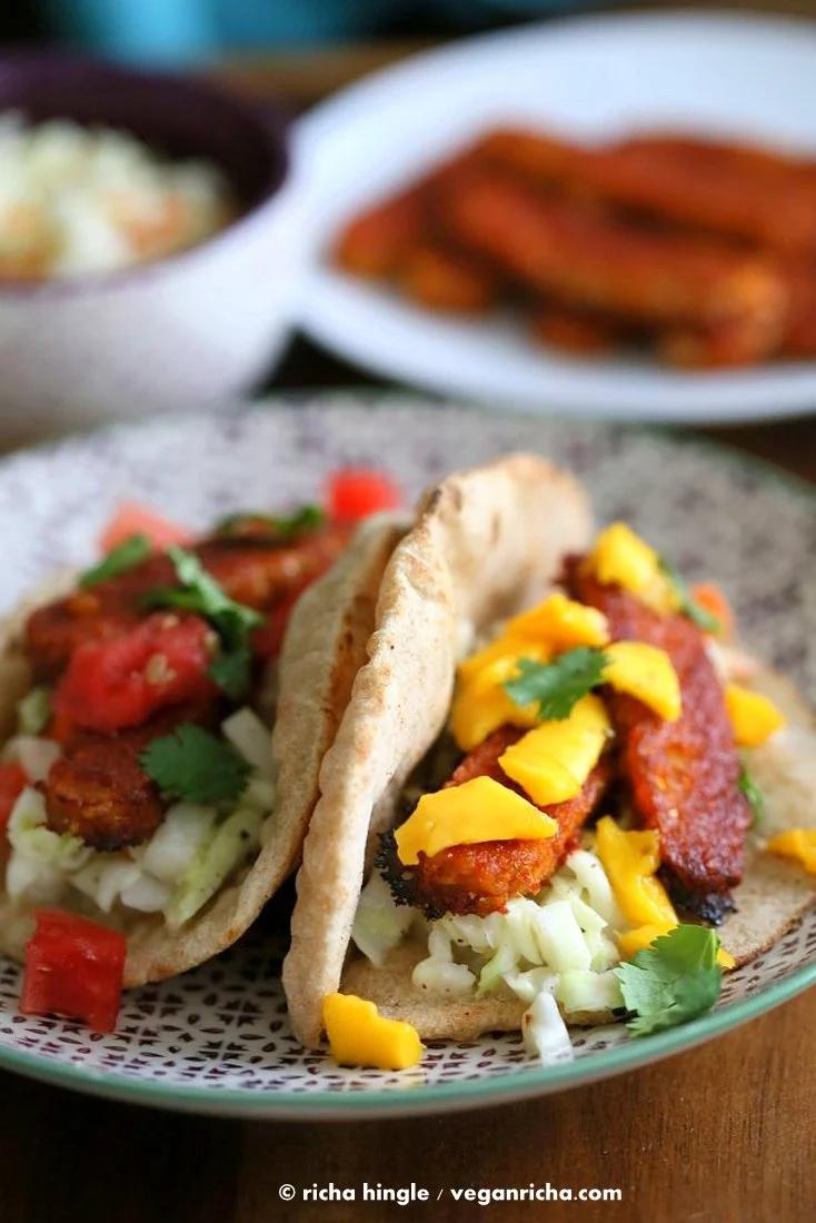 Sriracha BBQ Baked Tempeh Wraps with tahini slaw
