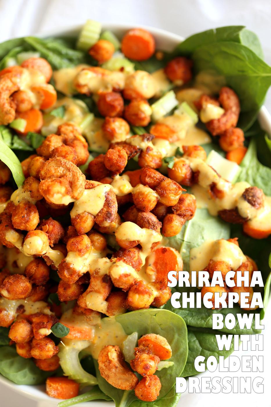 Sriracha Chickpeas, Cashews, Spinach Bowl with Ranch Curry Dressing. Add these Sriracha Roasted Chickpeas and Cashews to Bowls, wraps, salads. #Vegan #Glutenfree #Soyfree #Recipe Omit Cashews to make #nutfree #veganricha | VeganRicha.com