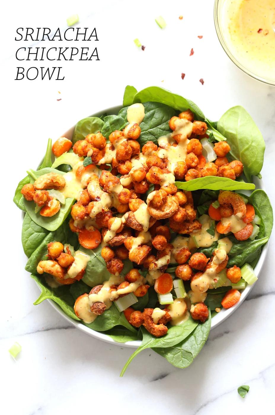 Sriracha Chickpeas Cashew Spinach Bowl with Golden Curry Dressing