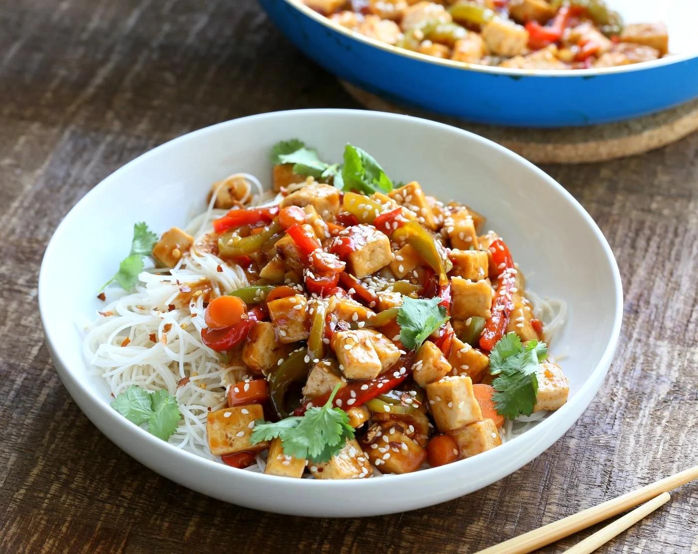 Sticky Ginger Sesame Tofu and Veggie stir fry with vermicelli or maifun noodles. Easy weekday Dinner. Vegan Gluten-free nut-free Recipe. Use chickpeas or more veggies to make Tofu-free | VeganRicha.com