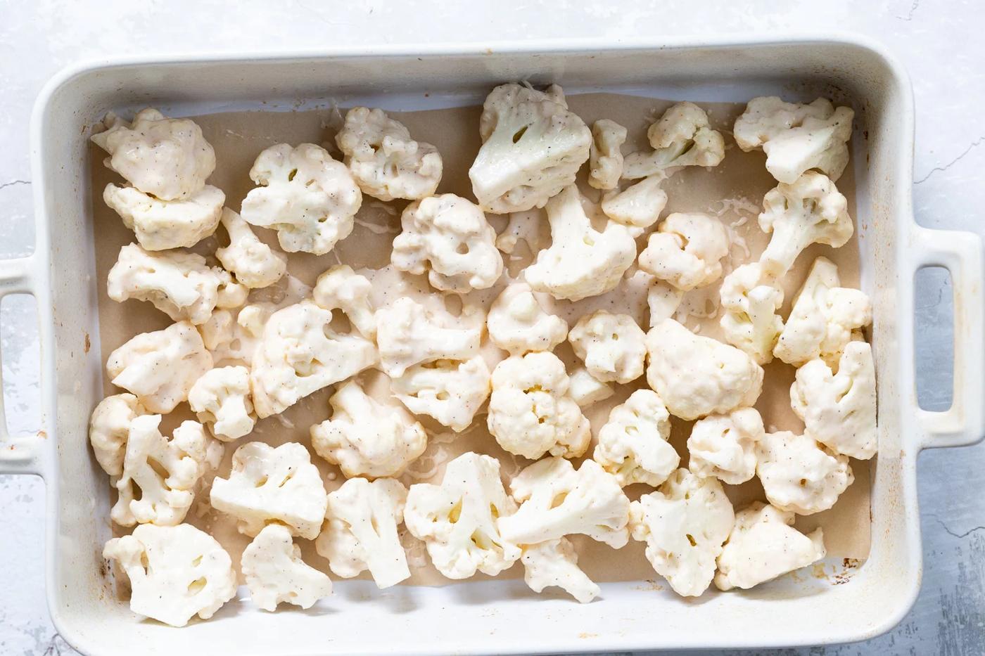 Battered Cauliflower for Our Sticky Sesame Cauliflower in a white baking dish