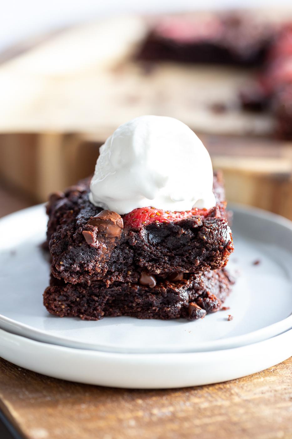 Our Vegan Strawberry Brownies on a plate