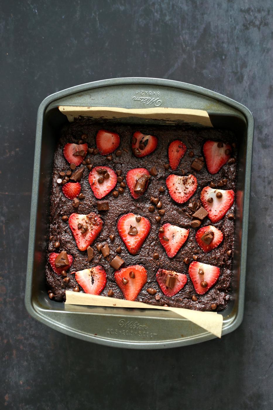 Our Vegan Glutenfree Grainfree Strawberry Brownies in a grey brownie pan