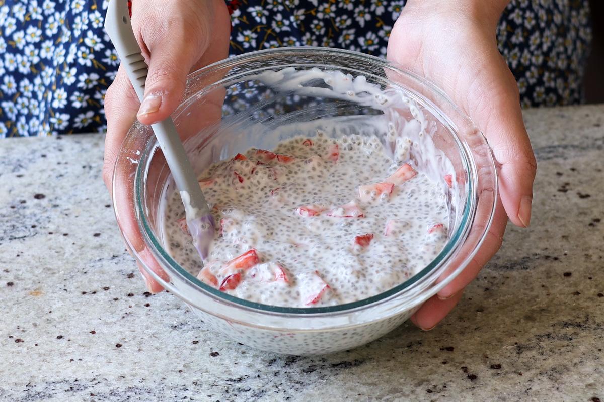 mixing bowl with strawberry chia pudding