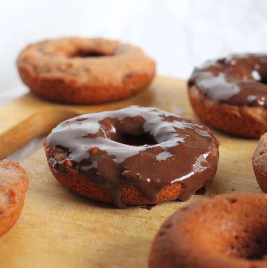 Strawberry Doughnuts with Chocolate Rum ganache glaze. Vegan recipe