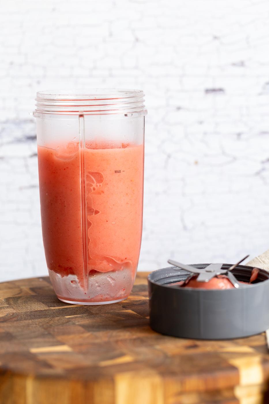frozen strawberry lemonade slushie in a blender