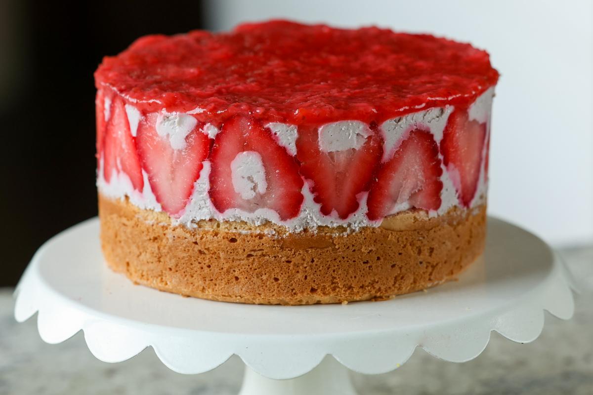 strawberry mousse cake on the cutting board