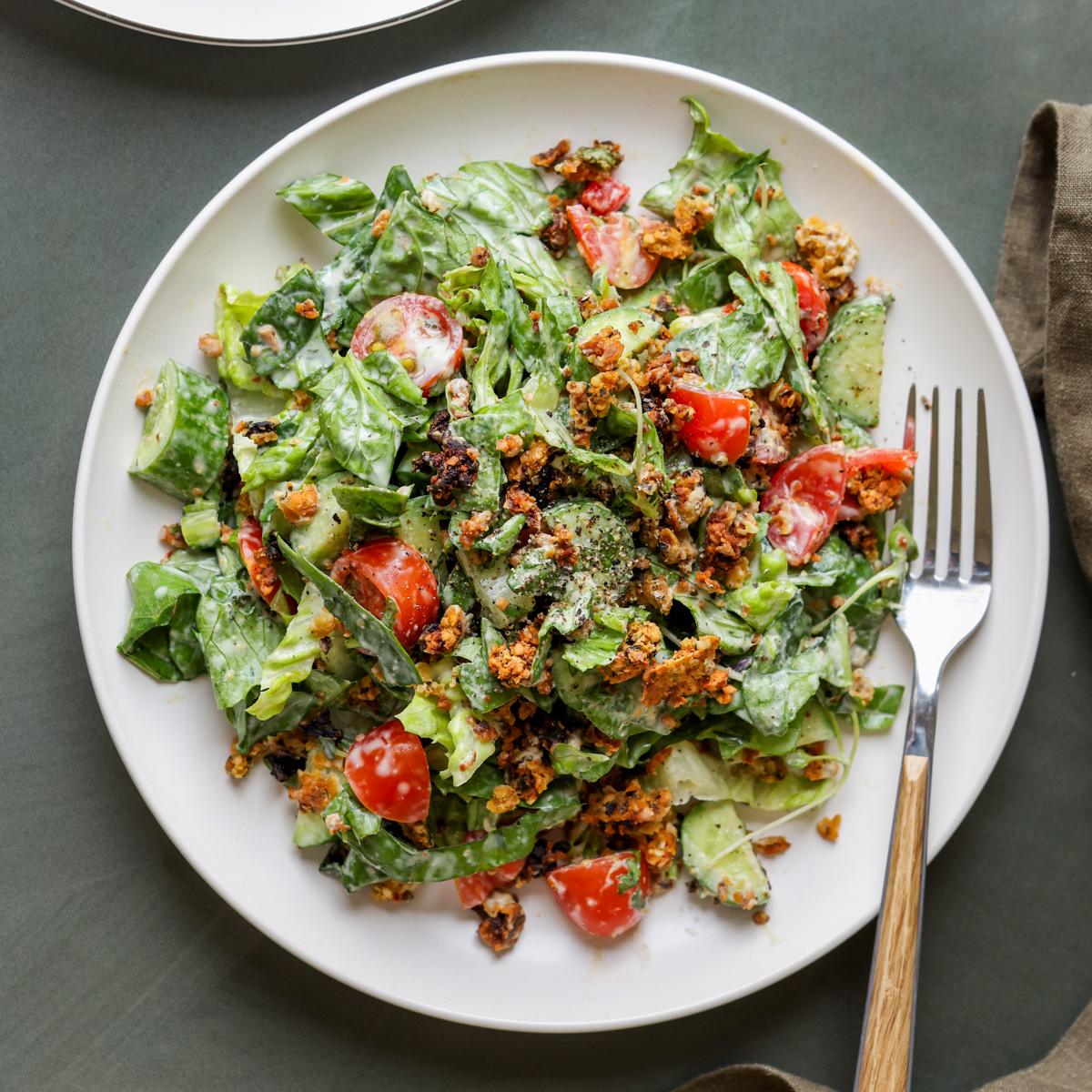 Summer Spinach Salad with Chickpea Olive Crumble