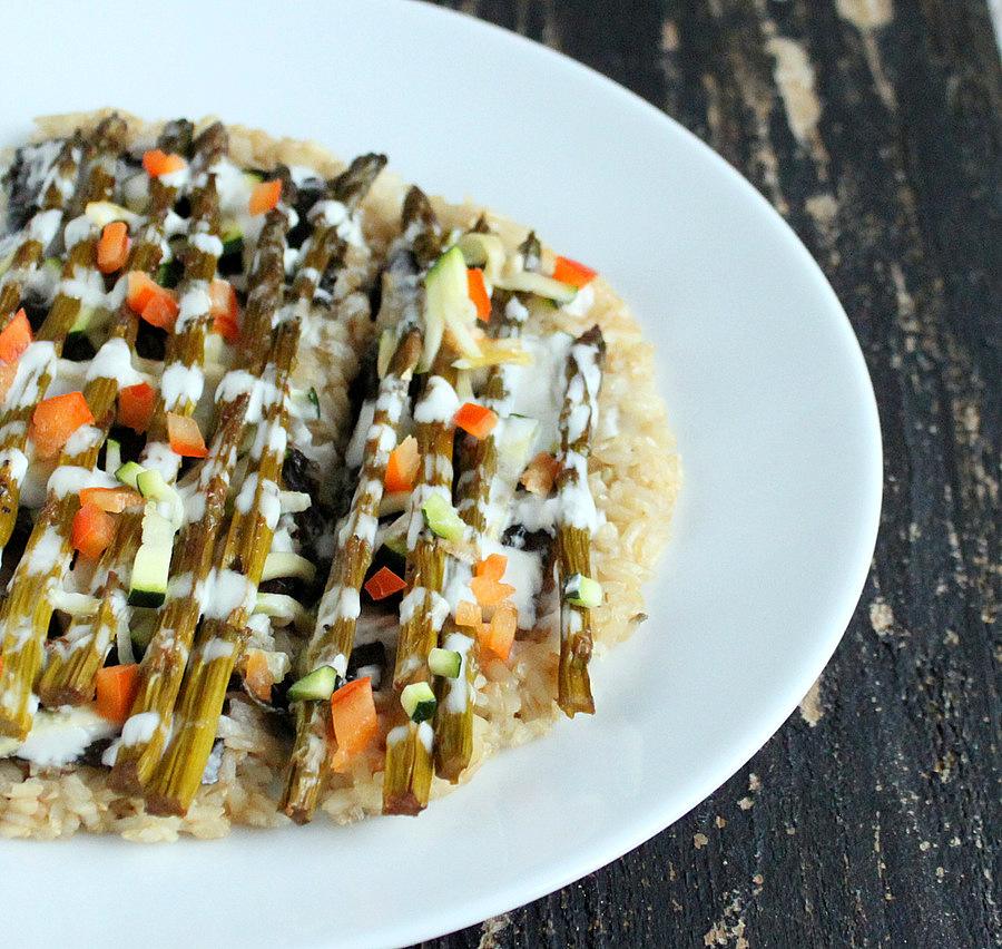 Sushi Pizza – Brown Rice Crust with Nori, braised Asparagus, Zucchini and Wasabi Mayonnaise. glutenfree, vegan recipe