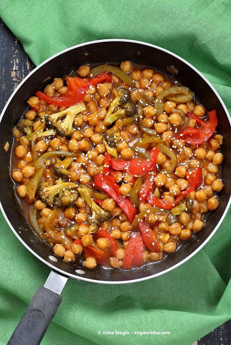 Sweet and Sour Chickpeas, Peppers, and Broccoli. Easy Weeknight One Pot Protein filled Meal. | VeganRicha.com #vegan #glutenfree #chickpeas #onepot