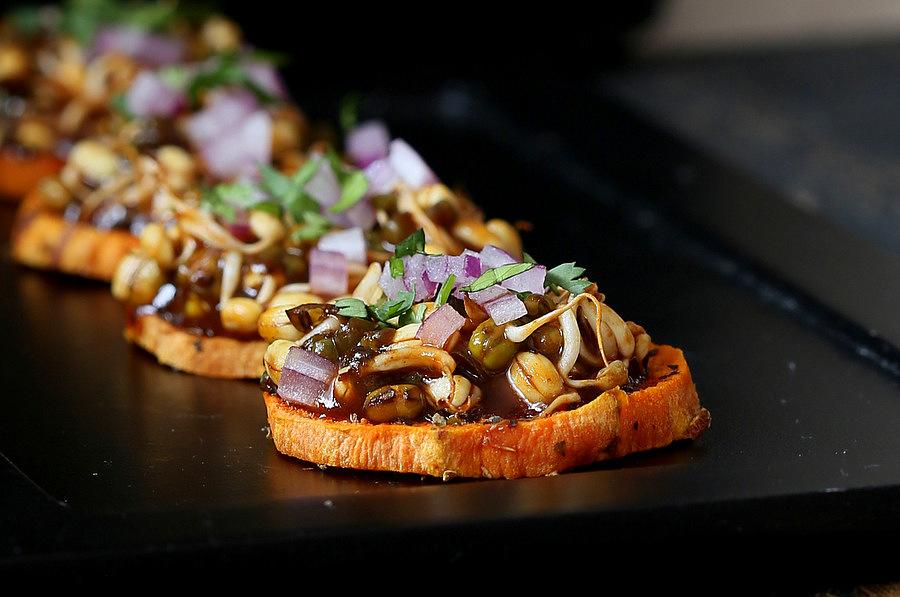 Sweet Potato Canapes with Barbecue Mung Bean Sprouts