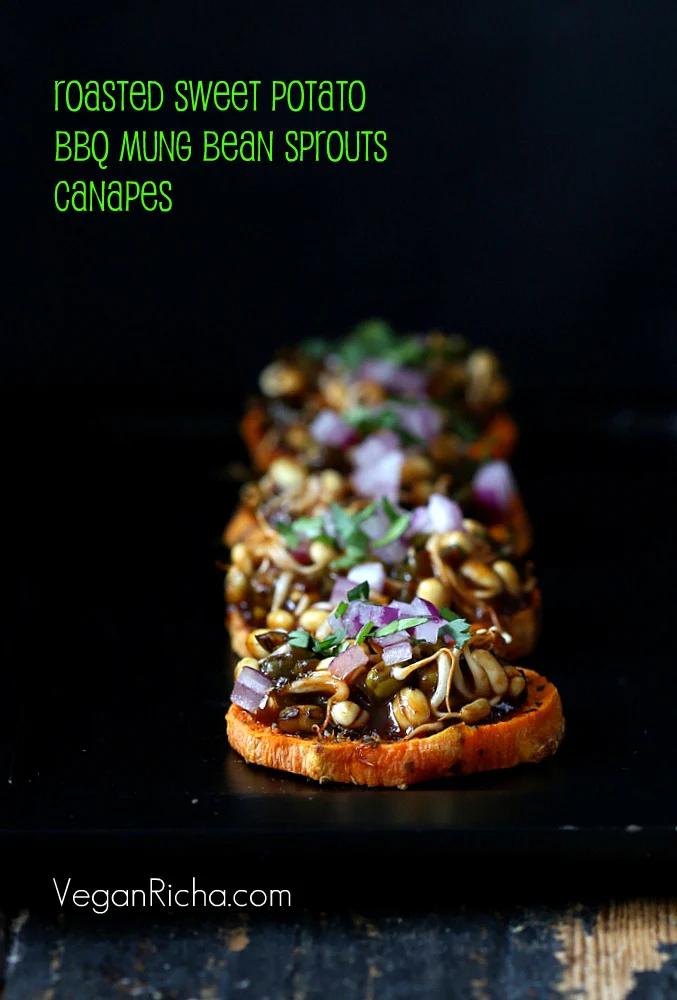 Sweet Potato Canapes with Barbecue Mung Bean Sprouts. Vegan Glutenfree Recipe for VVP. BBQ sauce Recipe too.
