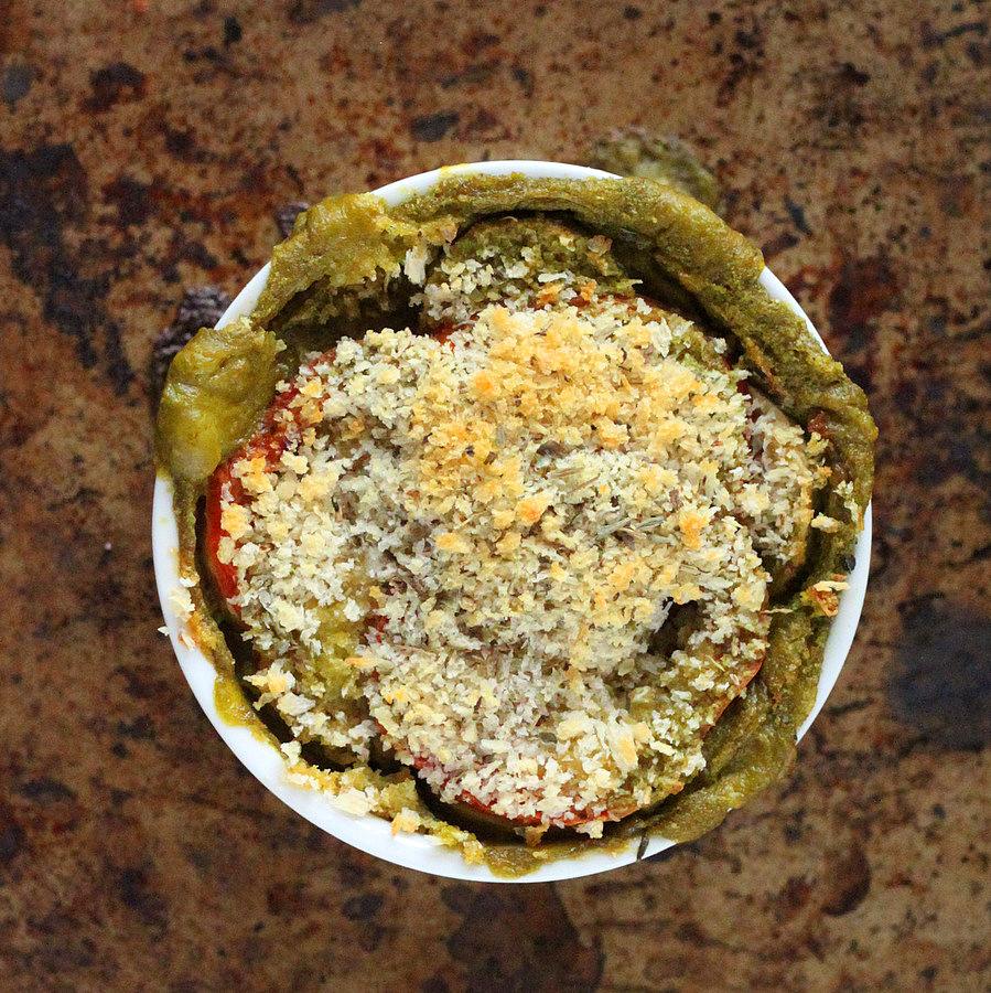 overhead shot of Vegan Sweet Potato Alfredo Bake in a white casserole dish