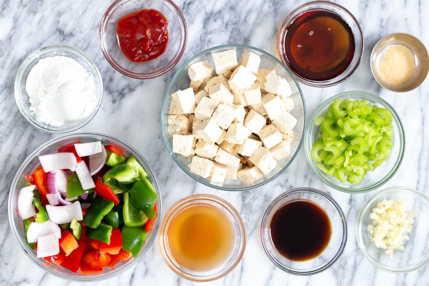 ingredients needed for making vegan sweet and sour tofu