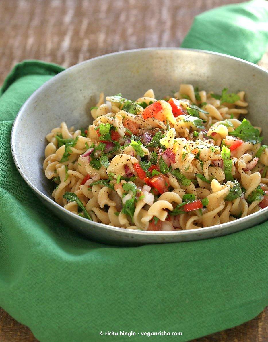 Tabbouleh Pasta Salad. Parsley, tomatoes, fusilli pasta dressed with olive oil, salt, pepper and lemon. Fresh Summer Salad. Vegan Soy-free Recipe. Can be made gluten-free with gf pasta. | VeganRicha.com