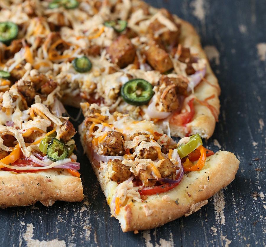 Vegan Tandoori Tempeh, Mini Peppers, Pepper Jack Pizza on Crisp White crust