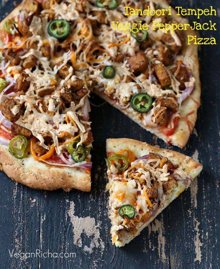 Tandoori Tempeh, Mini Peppers, Pepper Jack Pizza on Crisp White crust. Vegan Recipe