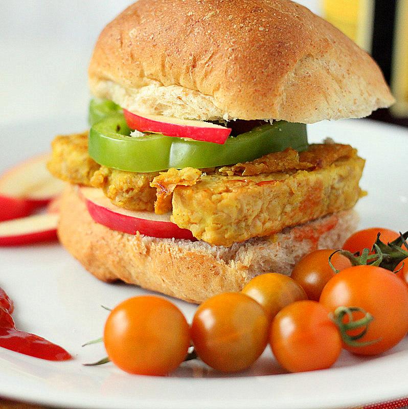 Tempeh Chickpea Fritter Patty Burger. Vegan