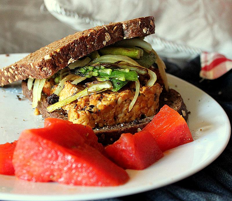 Tempeh Sandwiches! with grilled watermelon and peaches. Vegan