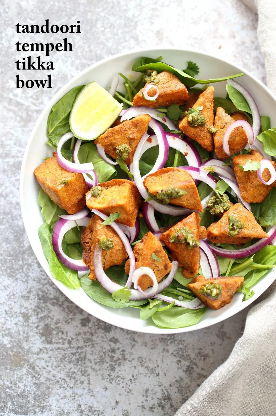 Tempeh Tandoori Tikka (Kebab) Bowl with Cilantro Mint Chutney