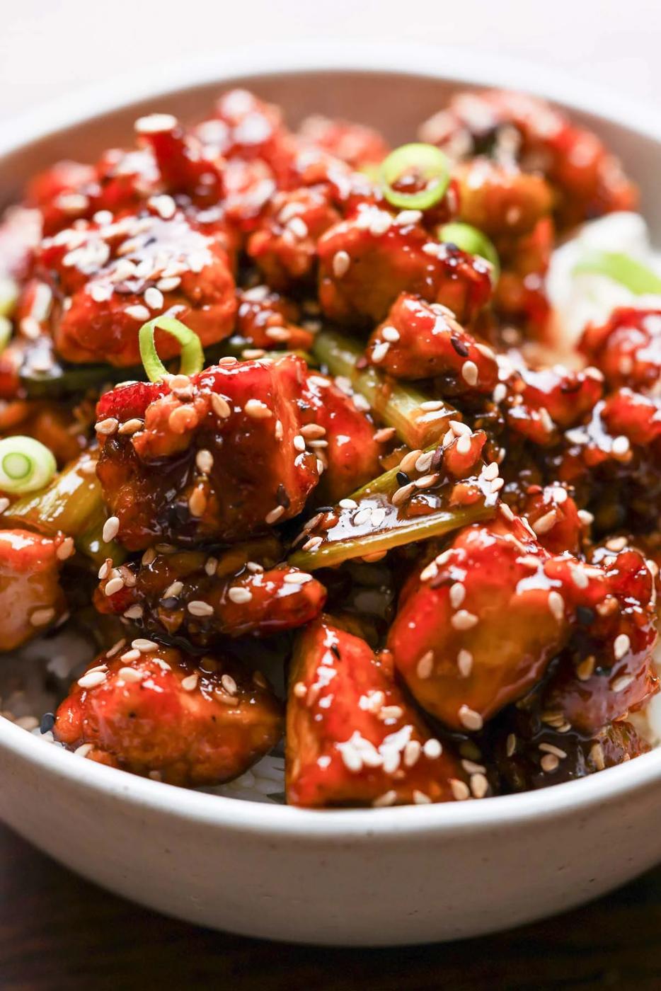 close-up of teriyaki tofu in a bowl with rice