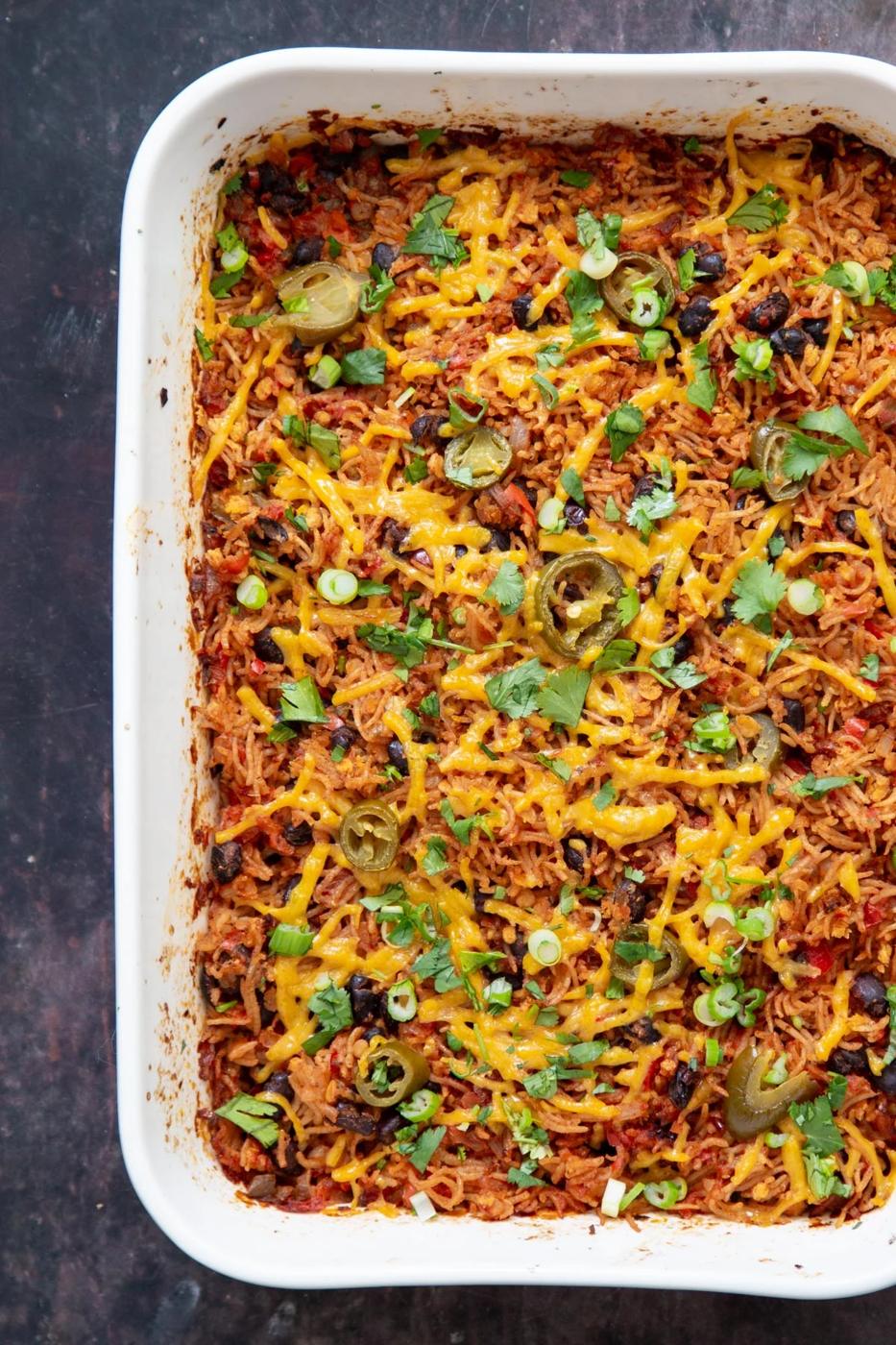 overhead shot of a simple Vegan Tex Mex Rice Casserole