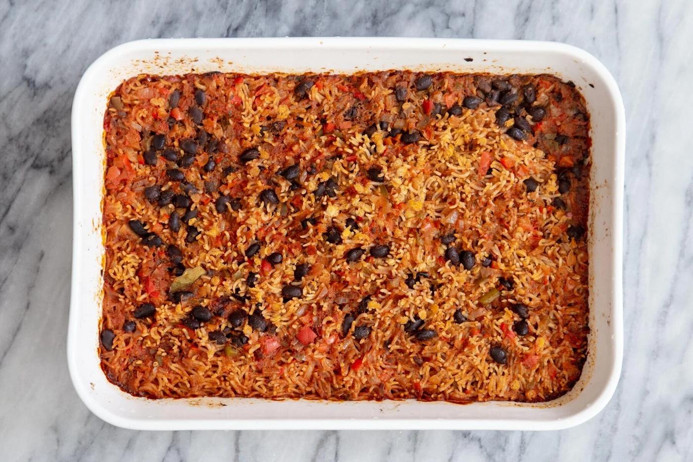 freshly baked Tex Mex Rice Casserole in a casserole dish