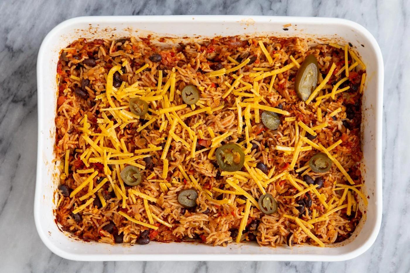 vegan Tex Mex rice casserole with jalapeno and vegan cheese