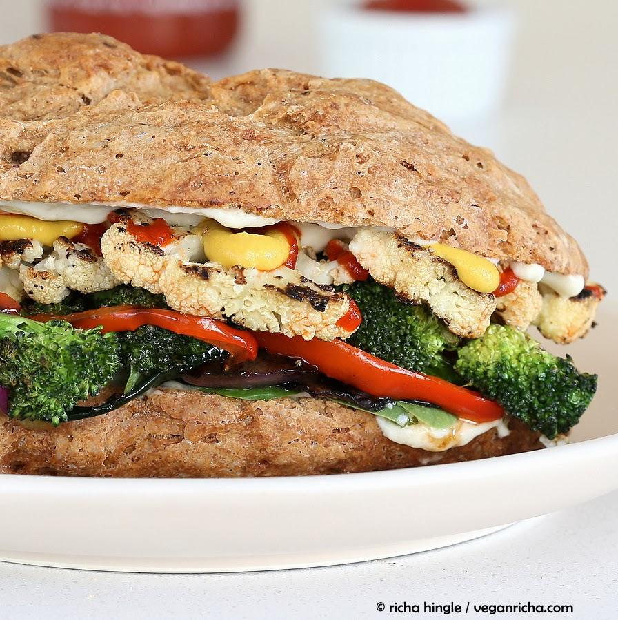 vegan grilled vegetable sandwich with sriracha mayo on a healthy almond flour bun