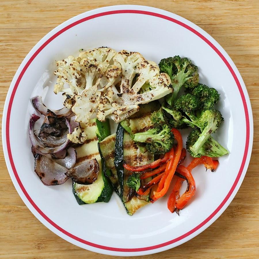 overhead shot of a plate of roasted vegetables made in a grill pan on the stove