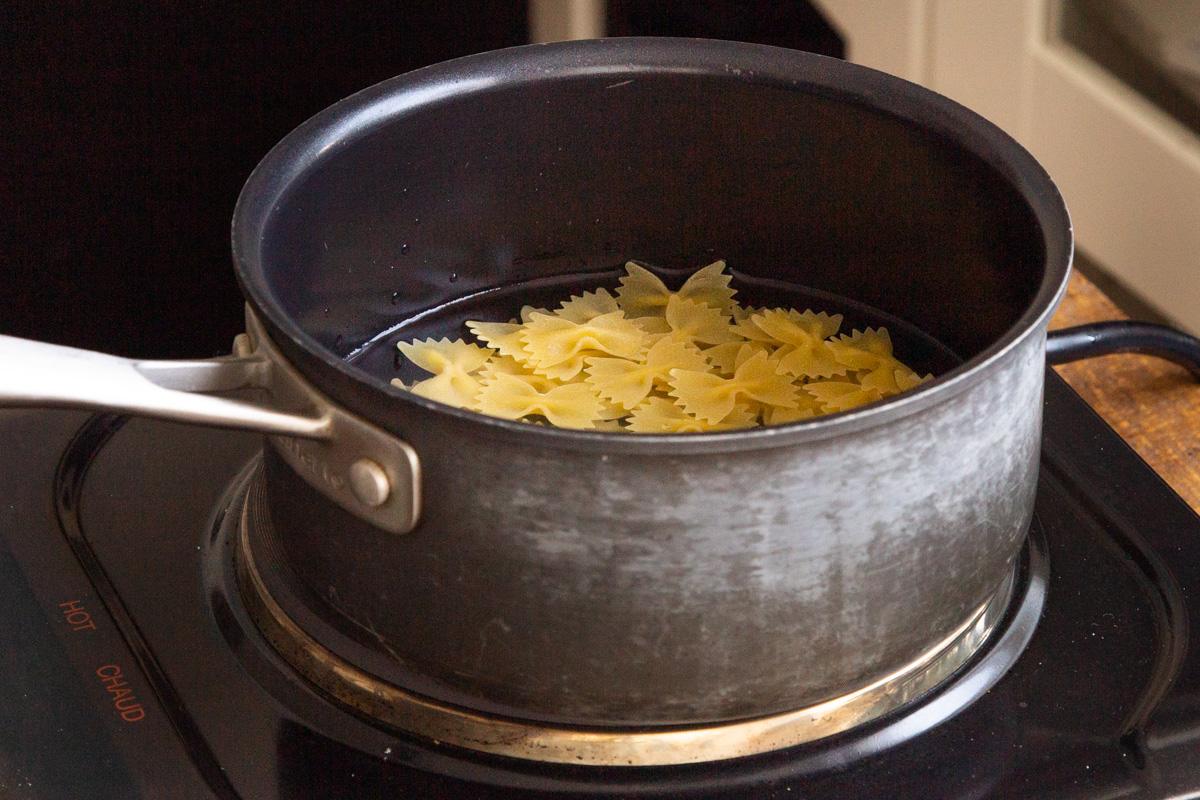 farfalle pasta in a small pot