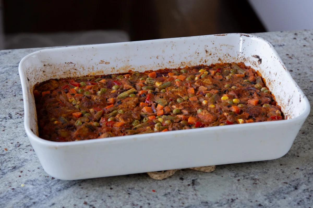 tikka masala rice in the baking pan after baking