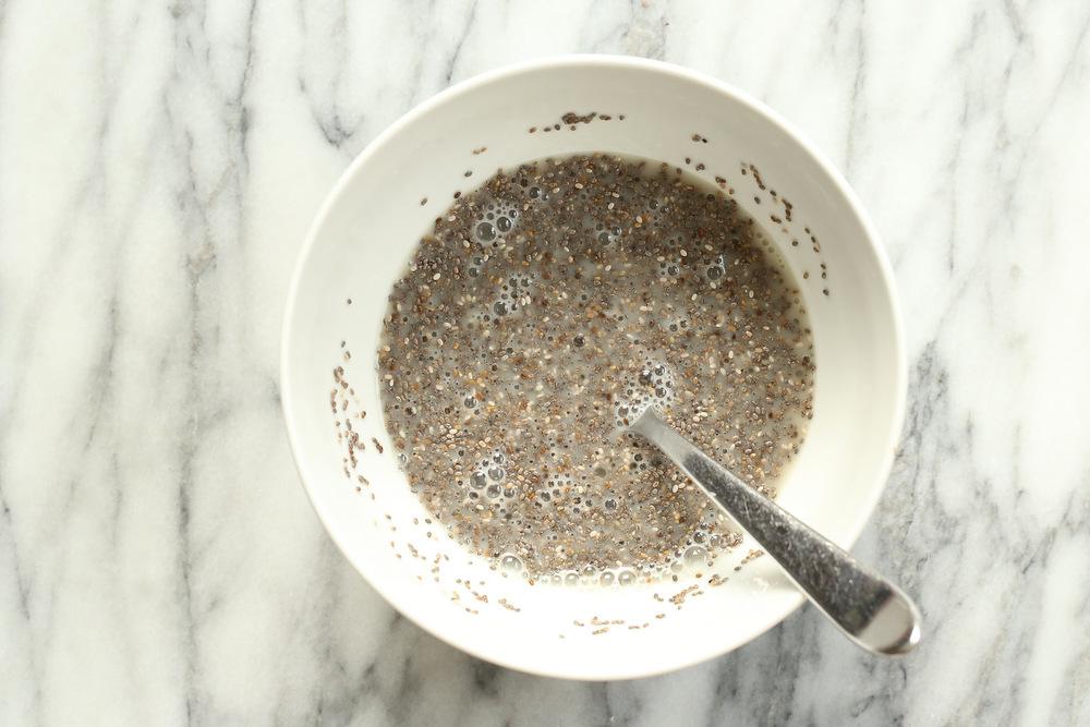 Vanilla Pudding layer for Vegan Tiramisu Chia Seed Pudding in white bowl