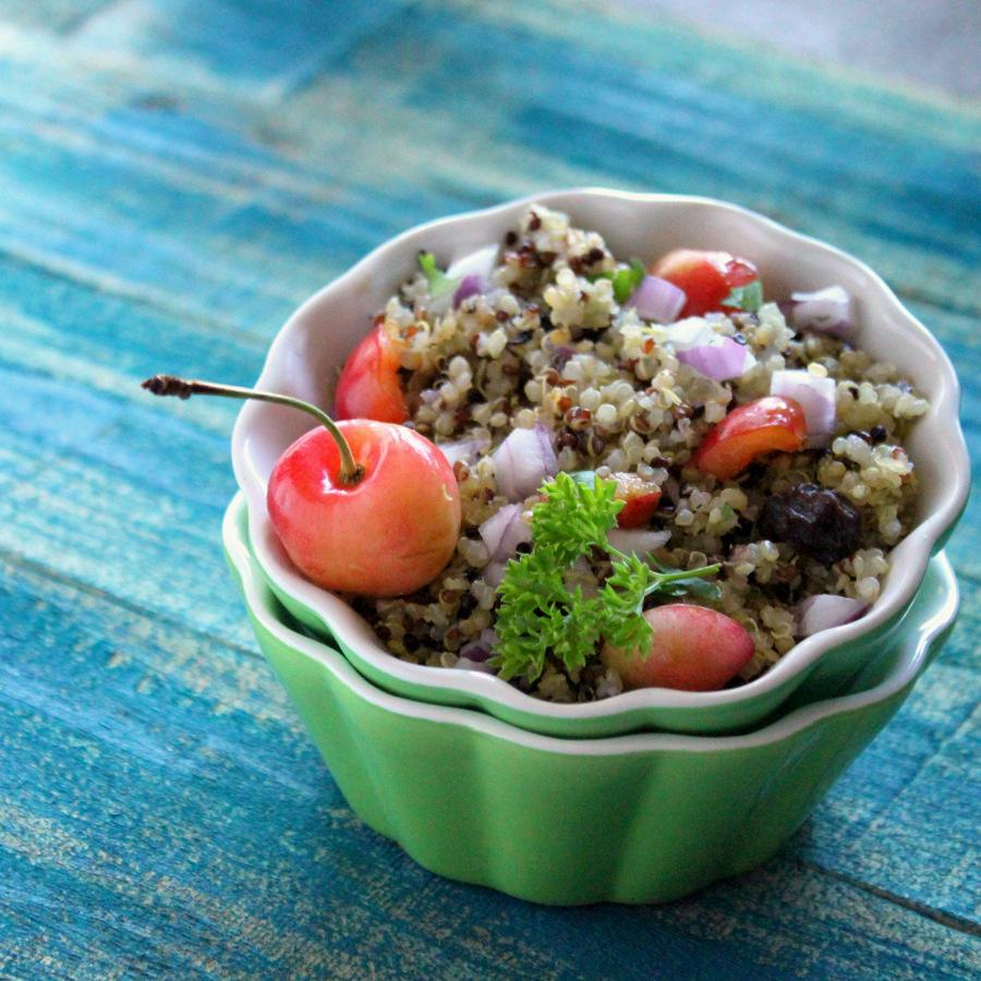 Toasted Rainbow Quinoa Salad with Rainier Cherries, Raisins, Red onion. vegan gluten-free fat-free recipe