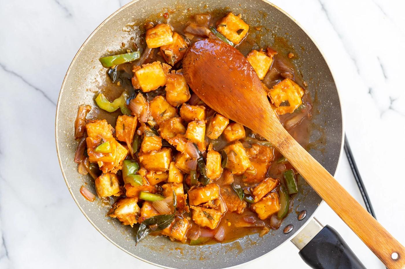 Our Tofu 65 in a grey skillet