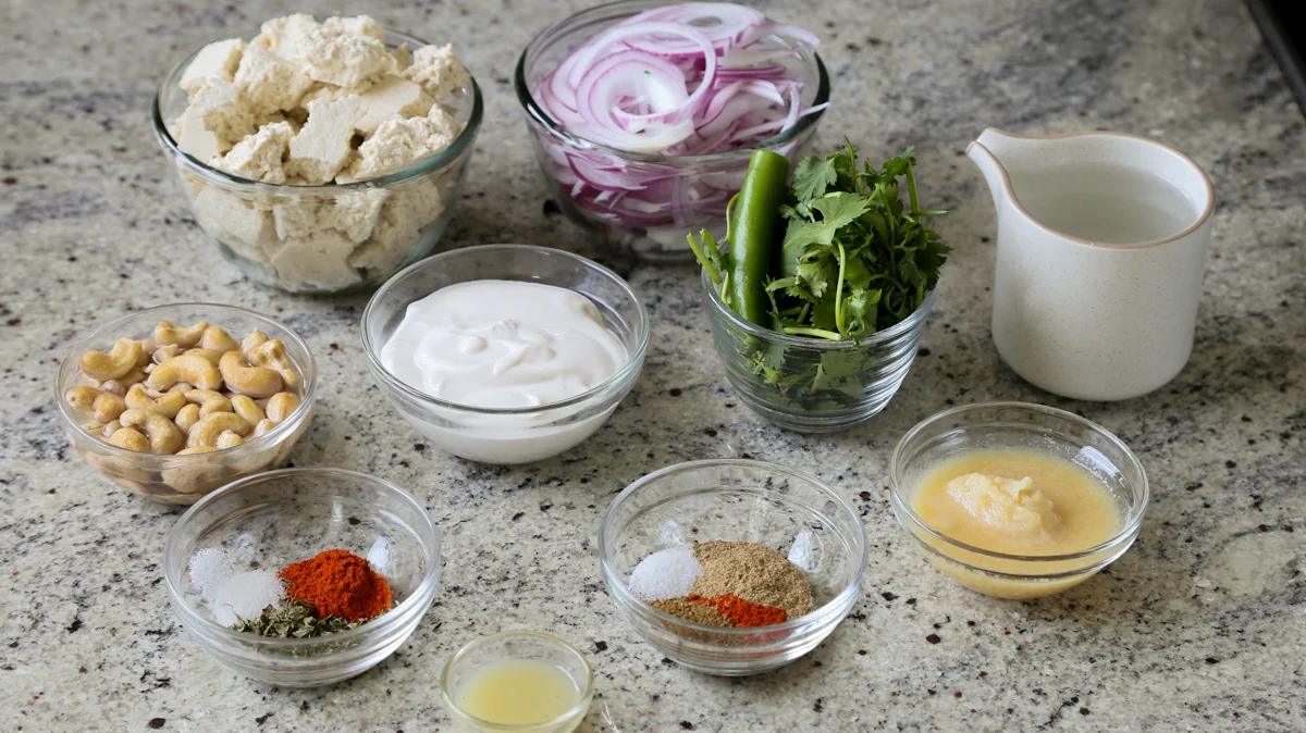 tofu barra ingredients in bowls on a kitchen counter