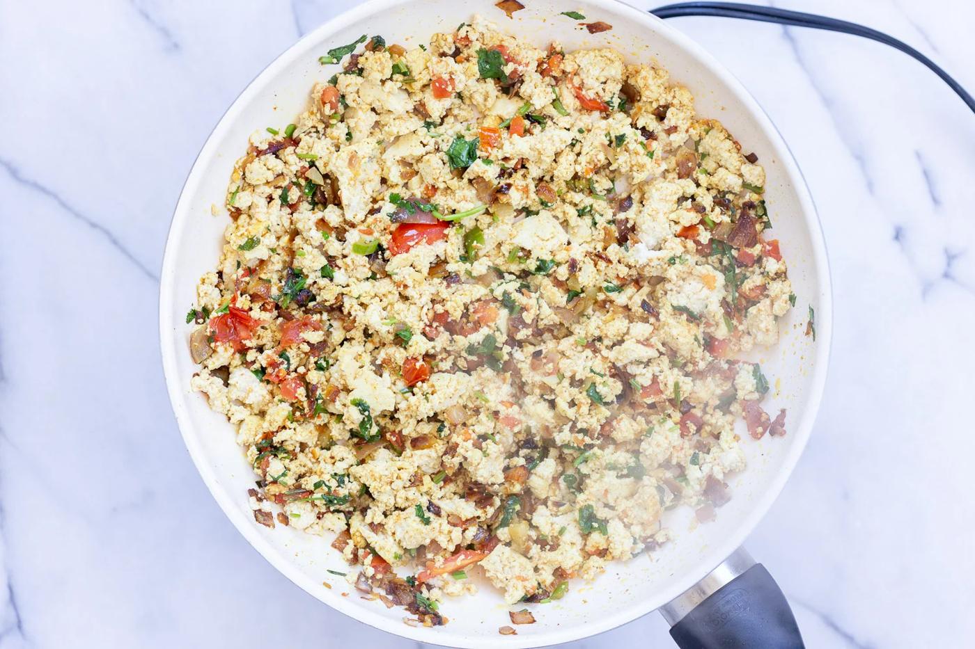 Our Vegan Tofu Bhurji in a white skillet