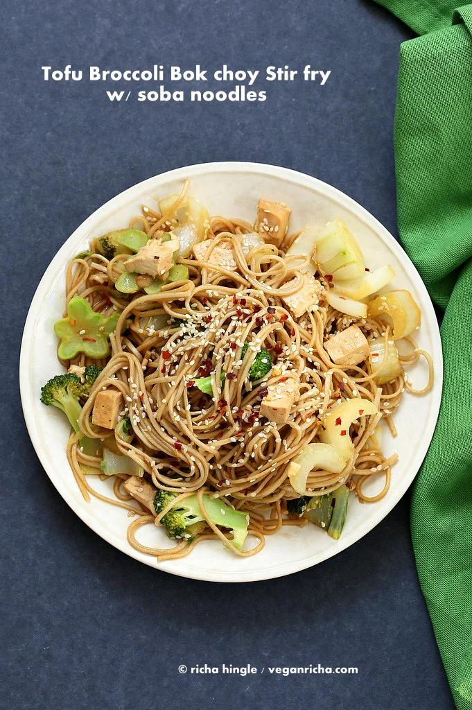 Tofu Broccoli Bok Choy Stir fry with Garlic Sesame Soy Sauce and Soba Noodles. Vegan Recipe