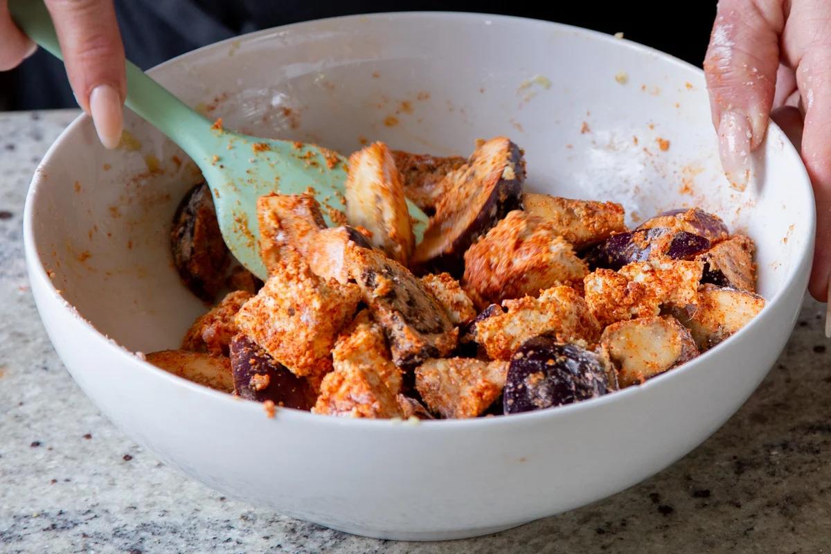 tofu and eggplant after mixing with the cornstarch, spices, and ginger-garlic paste
