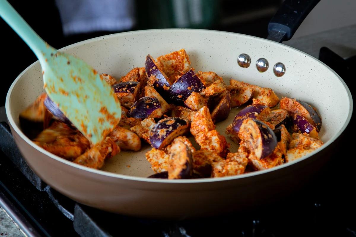 eggplant and tofu in the frying pan