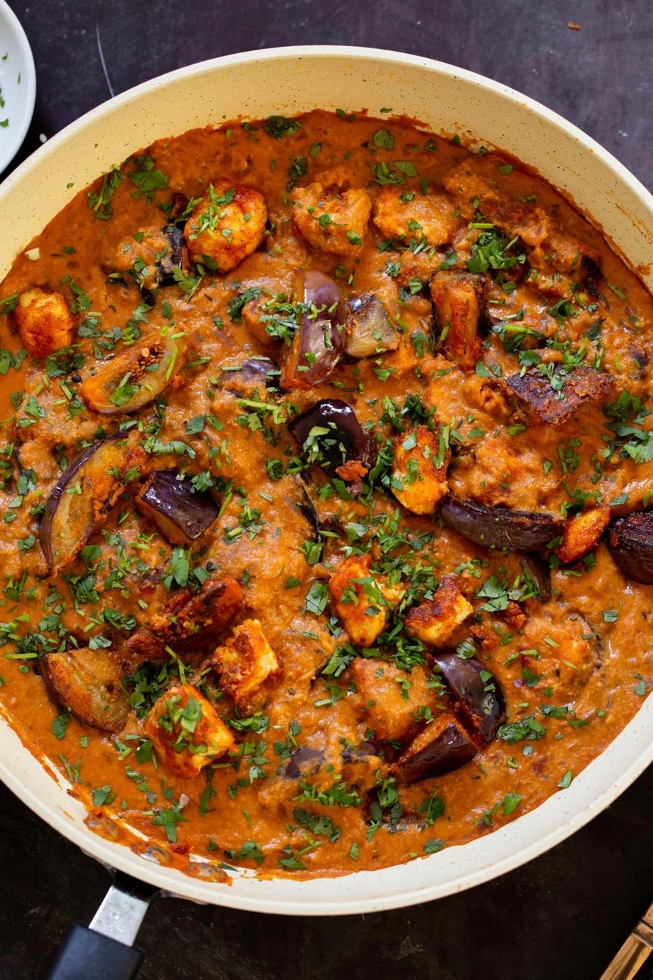 1-Pot Tofu Eggplant Curry with Onion Cardamom Coconut sauce