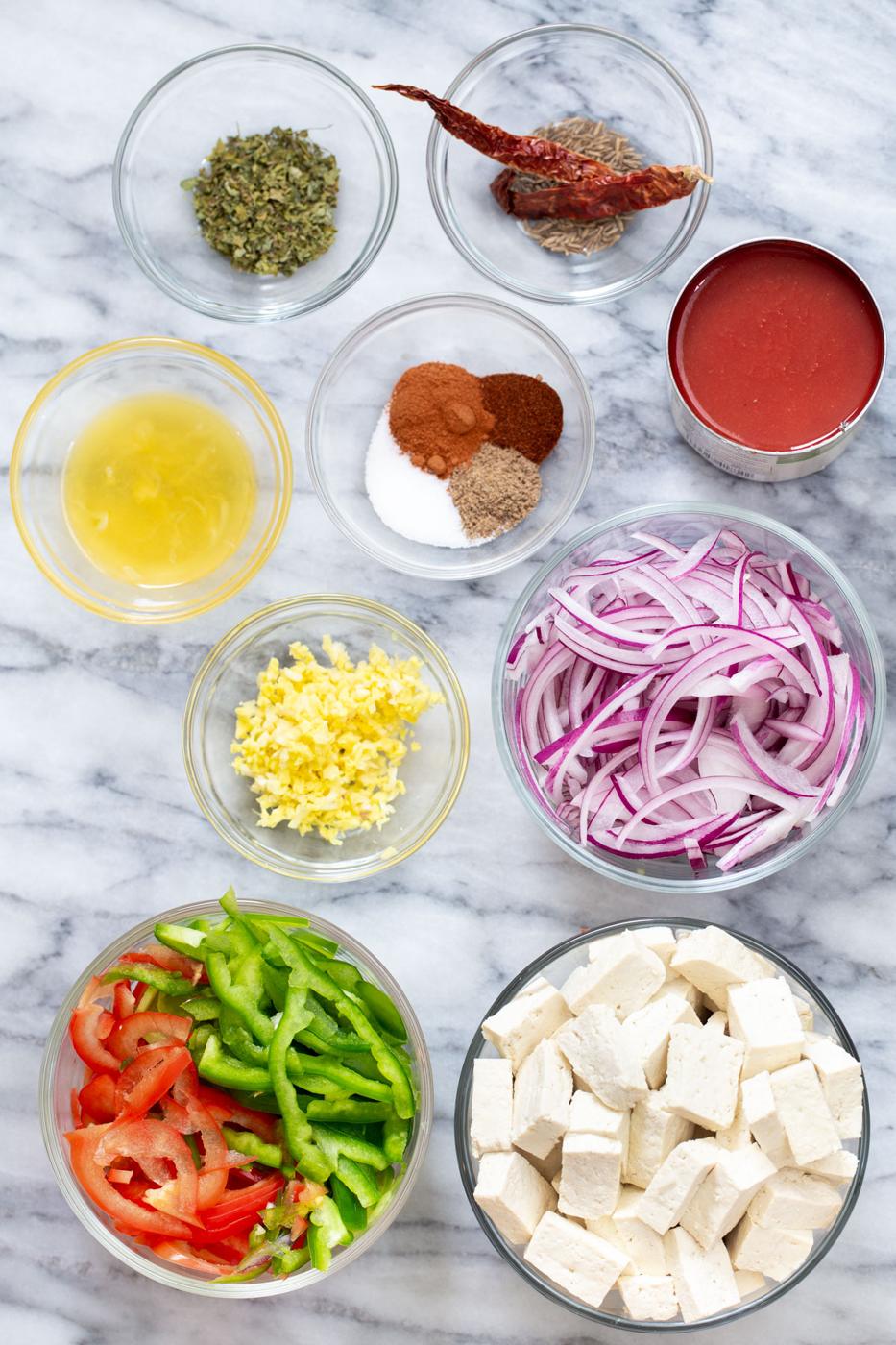 ingredients used for vegan jalfrezi tofu curry