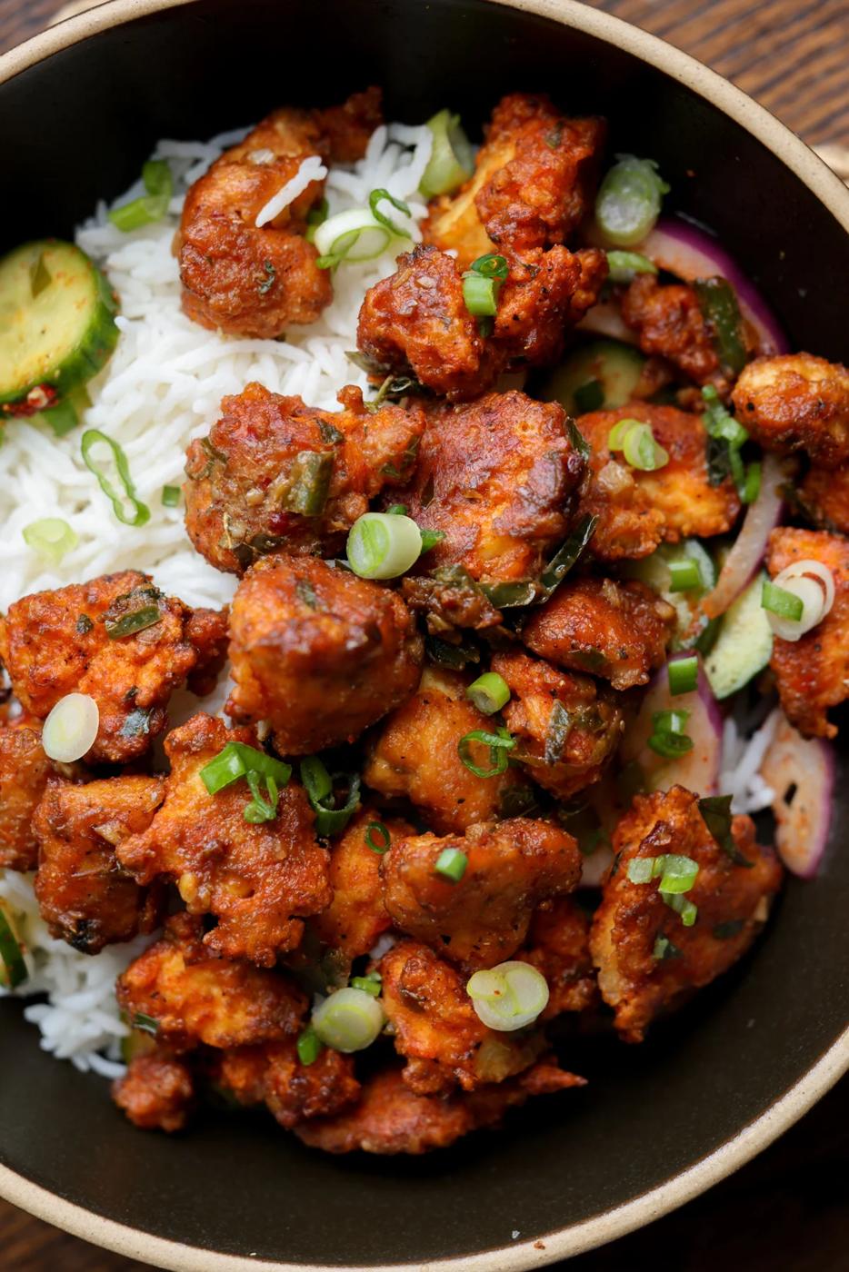 tofu majestic in a bowl with rice