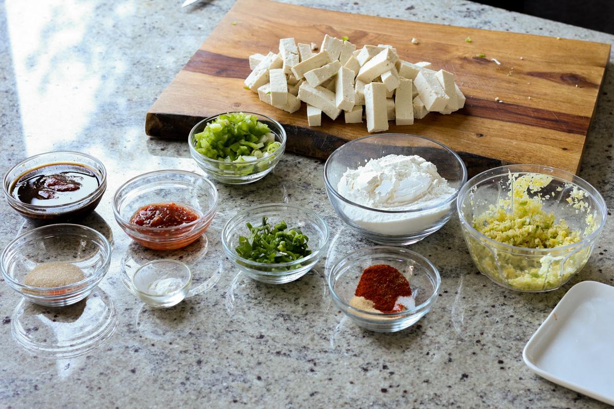 tofu Manchurian ingredients on the kitchen counter