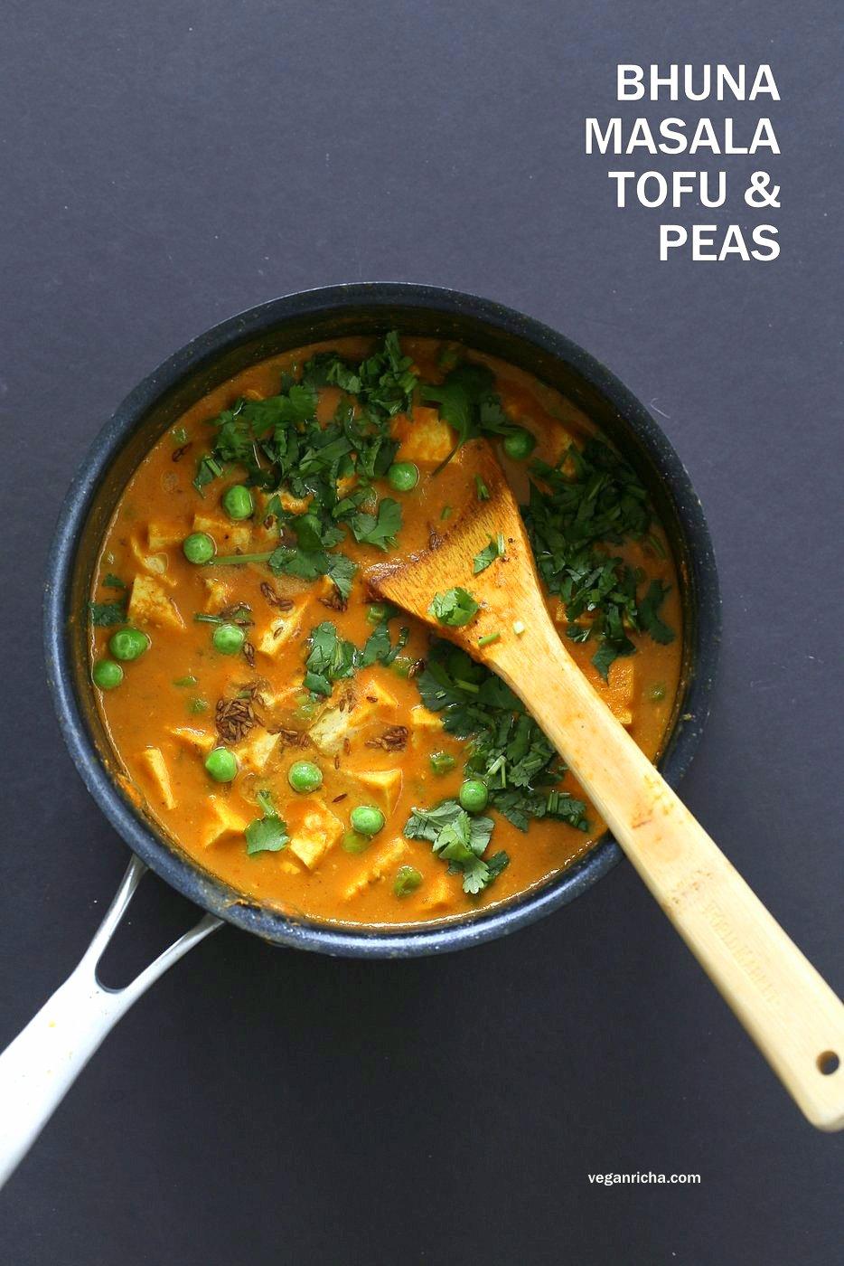Tofu Matar Masala - Tofu Peas in Blender Masala Sauce. Curried Tofu and peas with a roasted cumin tempering. Vegan Matar Paneer. Gluten-free Recipe. Use chickpeas or veggies to make soy-free #vegan #veganricha #recipe | VeganRicha.com