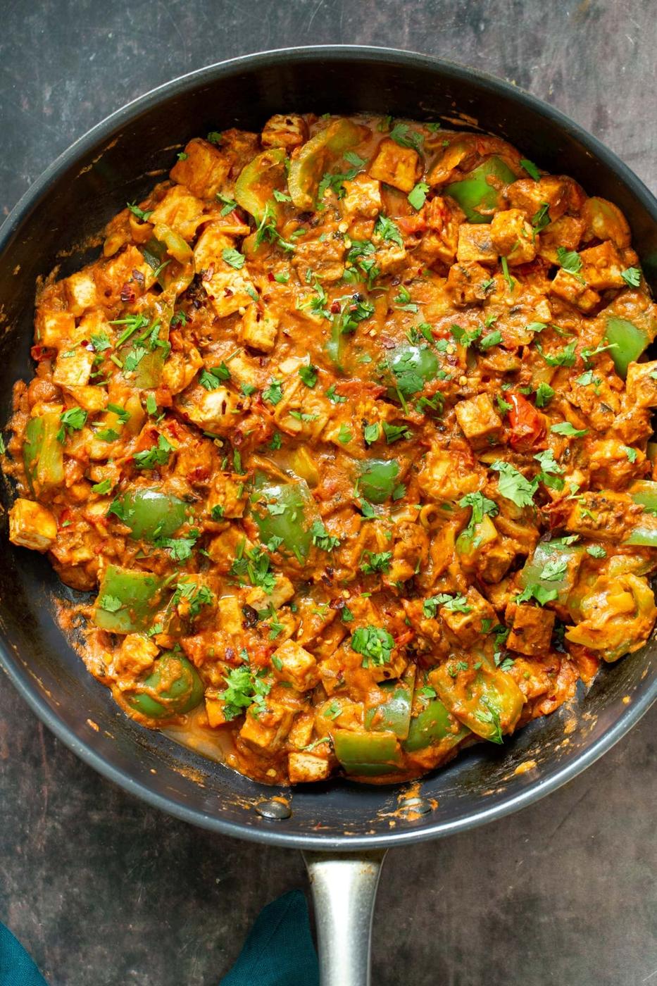 Indian Tofu Tikka Masala in a sauteeing pan